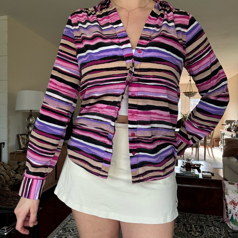 Dana Buchman Striped Button-Up Blouse in Pink, Purple, Black & Tan